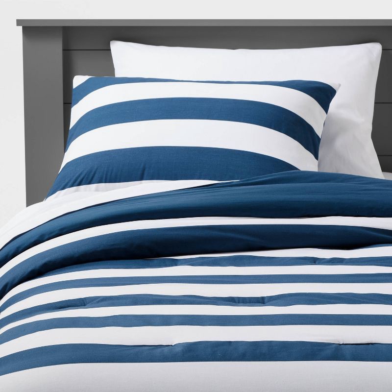 slide 1 of 5, Twin Rugby Striped Kids' Comforter Set Navy - Pillowfort™, 1 ct