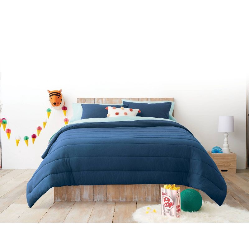 slide 3 of 4, Full/Queen Channel Jersey Kids' Comforter Set Navy - Pillowfort™, 1 ct