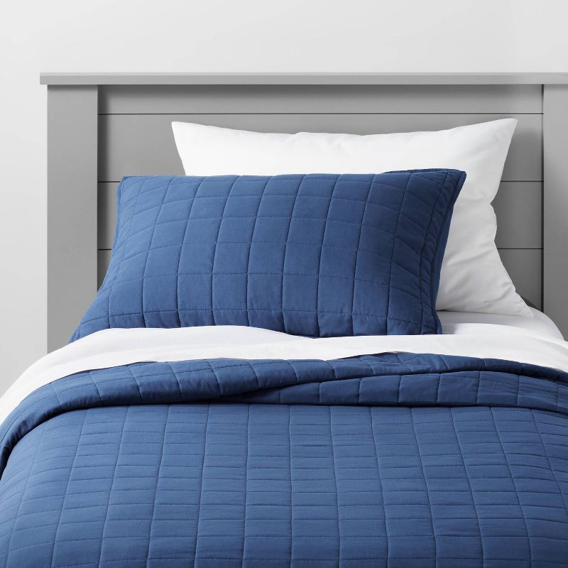 slide 5 of 5, Twin Box Stitch Microfiber Kids' Quilt Navy - Pillowfort™, 1 ct