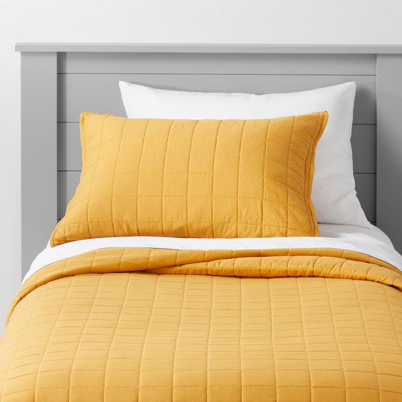 slide 5 of 6, Twin Box Stitch Microfiber Kids' Quilt Yellow - Pillowfort™, 1 ct