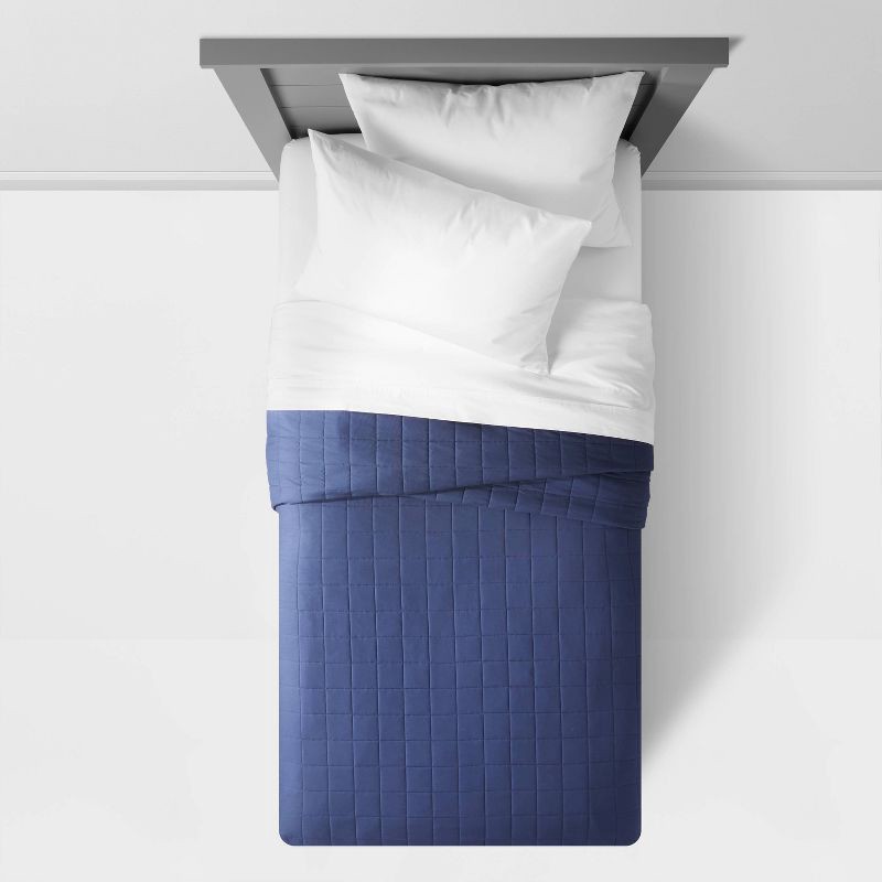 slide 2 of 3, Full/Queen Box Stitch Microfiber Kids' Quilt Navy - Pillowfort™: Boys Bedding, OEKO-TEX Certified, Year-Round Use, 1 ct