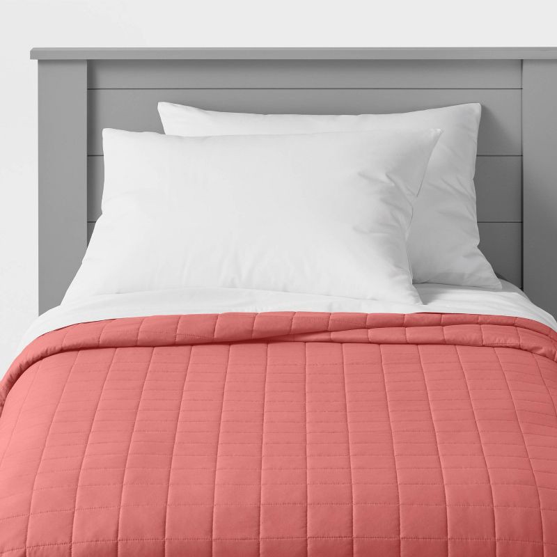 slide 1 of 4, Full/Queen Box Stitch Microfiber Kids' Quilt Faded Rose - Pillowfort™, 1 ct