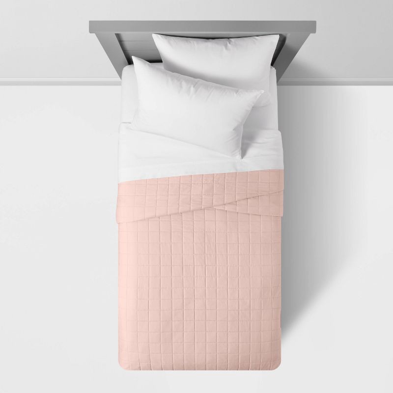 slide 3 of 5, Twin Box Stitch Microfiber Kids' Quilt Pink - Pillowfort™, 1 ct