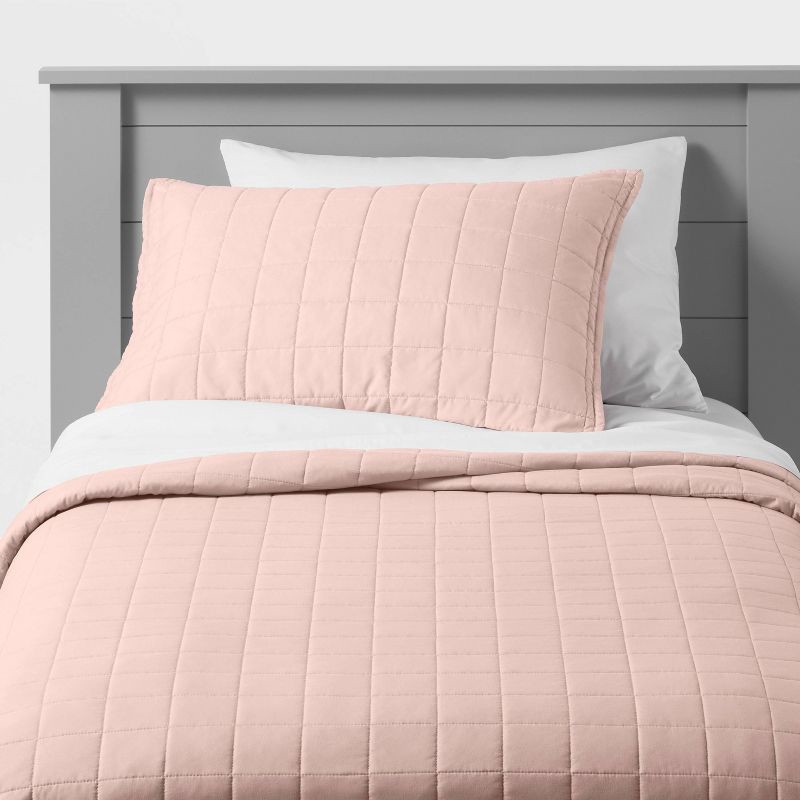 slide 5 of 5, Twin Box Stitch Microfiber Kids' Quilt Pink - Pillowfort™, 1 ct