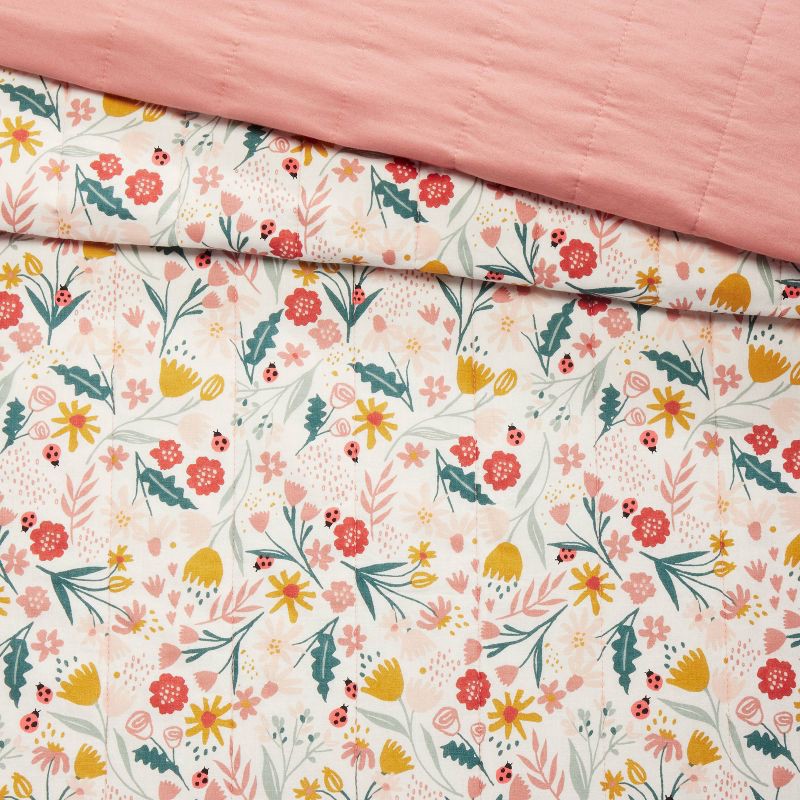 slide 4 of 6, Twin Garden Floral Cotton Kids' Quilt - Pillowfort™: Girls Bedding, Twin Size, Pink Botanical Pattern, OEKO-TEX Certified, 1 ct