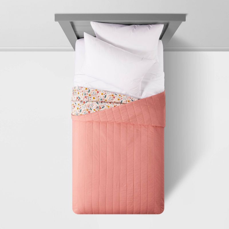 slide 6 of 6, Twin Garden Floral Cotton Kids' Quilt - Pillowfort™: Girls Bedding, Twin Size, Pink Botanical Pattern, OEKO-TEX Certified, 1 ct