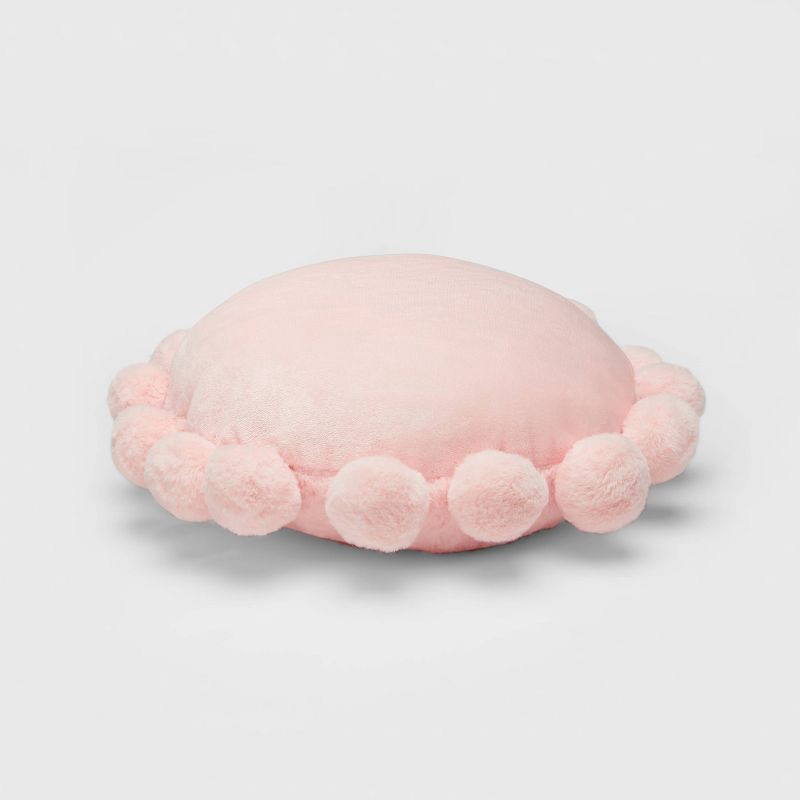 slide 2 of 4, Round Plush Kids' Pillow with Pom-Poms Pink - Pillowfort™: Sensory Friendly Decorative Throw Pillow, OEKO-TEX Certified, 1 ct