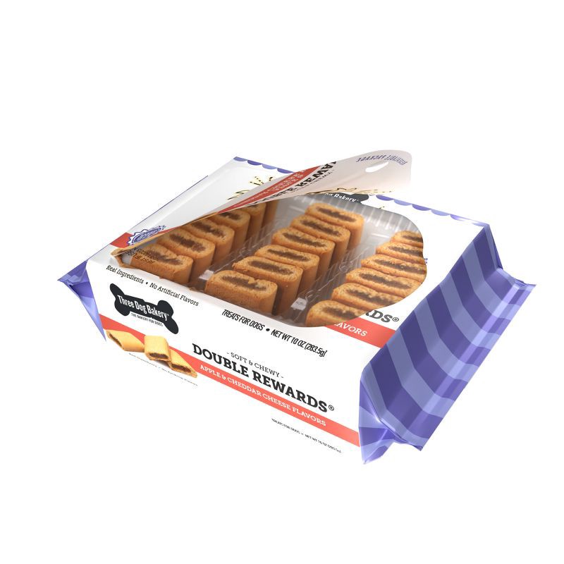 slide 3 of 10, Three Dog Bakery Double Rewards Chewy with Apple and Cheese Flavor Dog Treats - 10oz, 10 oz