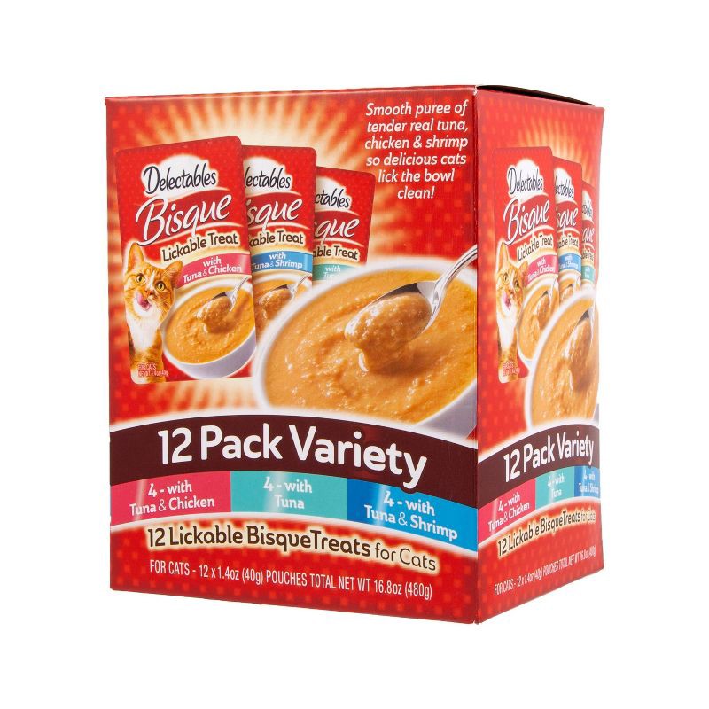 slide 2 of 3, Hartz Delectables Bisque Tuna, Shrimp & Chicken Cat Treats Variety Pack - 16.8oz/12ct, 16.8 oz, 12 ct