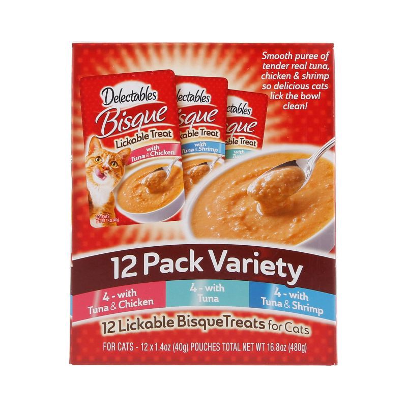 slide 1 of 3, Hartz Delectables Bisque Tuna, Shrimp & Chicken Cat Treats Variety Pack - 16.8oz/12ct, 16.8 oz, 12 ct