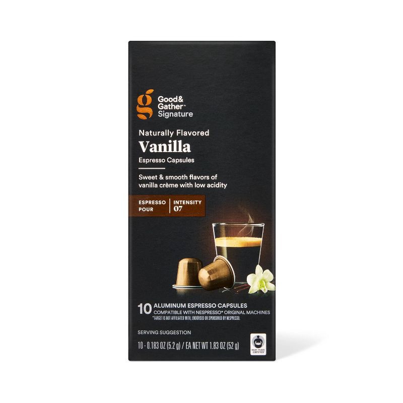 slide 1 of 4, Signature Naturally Flavored Vanilla Espresso Pods Espresso Roast Coffee - 10ct - Good & Gather™, 10 ct