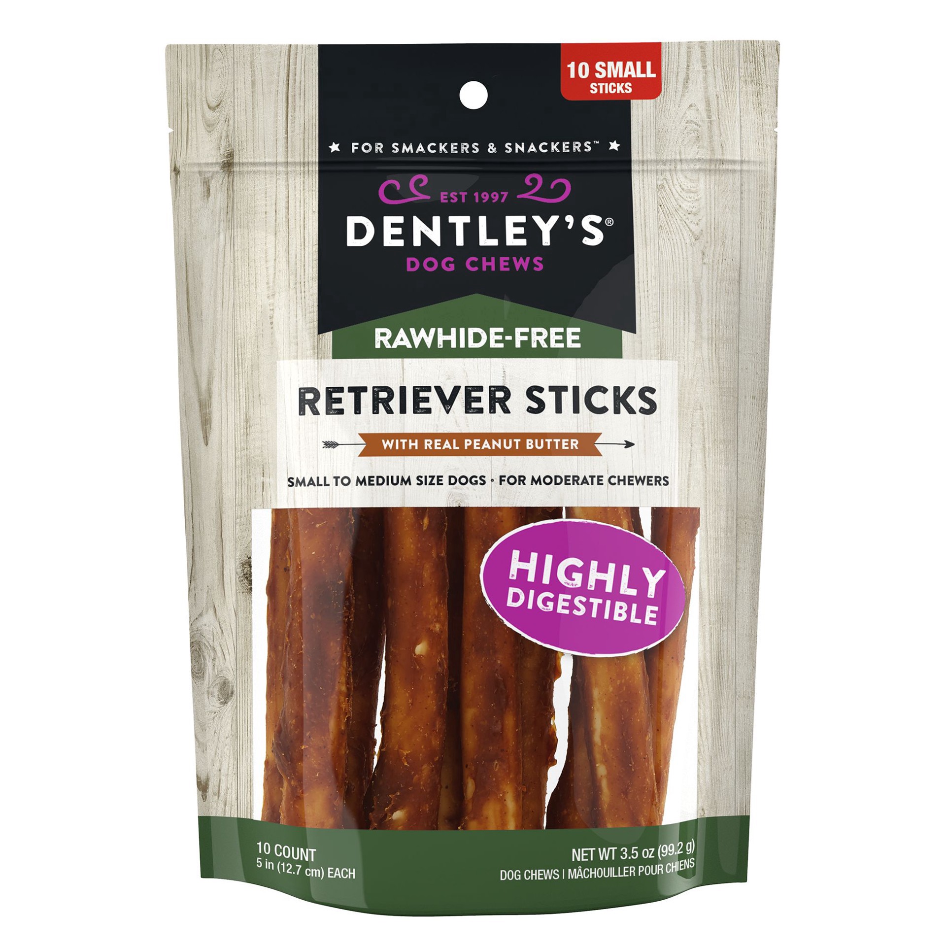 slide 1 of 1, Dentley's Rawhide-Free 5" Retriever Sticks Dog Chew - Peanut Butter, 10 Count, 10 ct