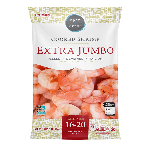 slide 1 of 1, OPEN ACRES Shrimp Cooked Tail On 16/20, 16 oz