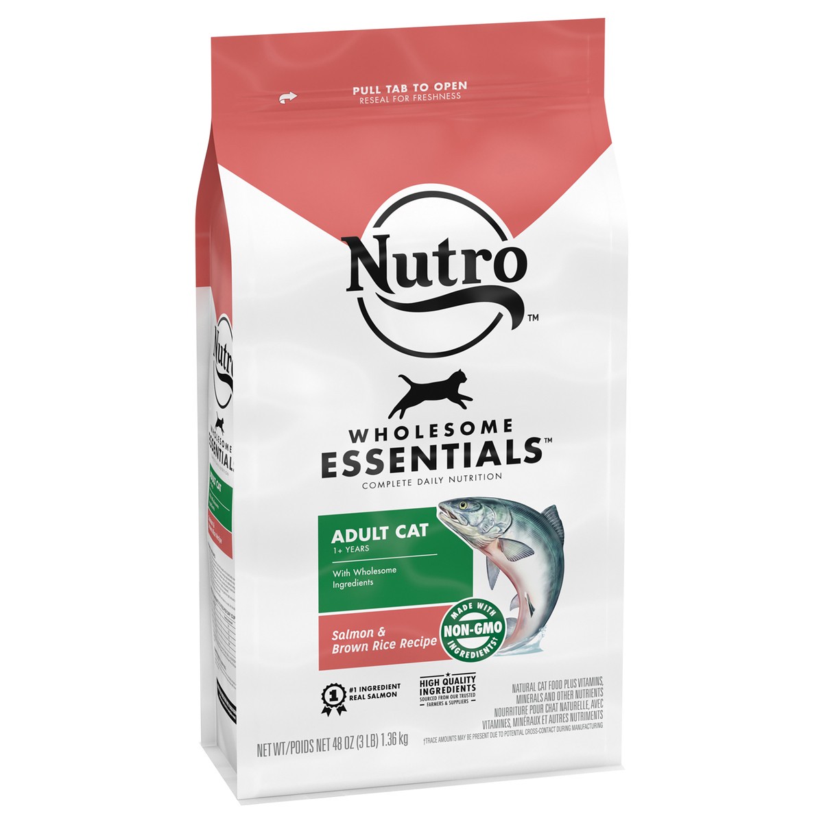 slide 2 of 9, NUTRO WHOLESOME ESSENTIALS Adult Natural Dry Cat Food Salmon & Brown Rice Recipe, 3 lb. Bag, 48 oz