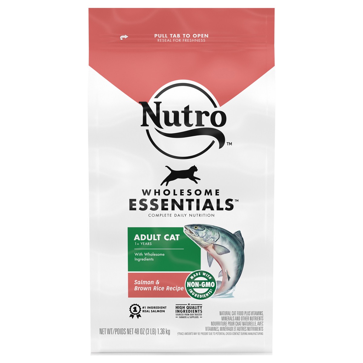 slide 1 of 9, NUTRO WHOLESOME ESSENTIALS Adult Natural Dry Cat Food Salmon & Brown Rice Recipe, 3 lb. Bag, 48 oz