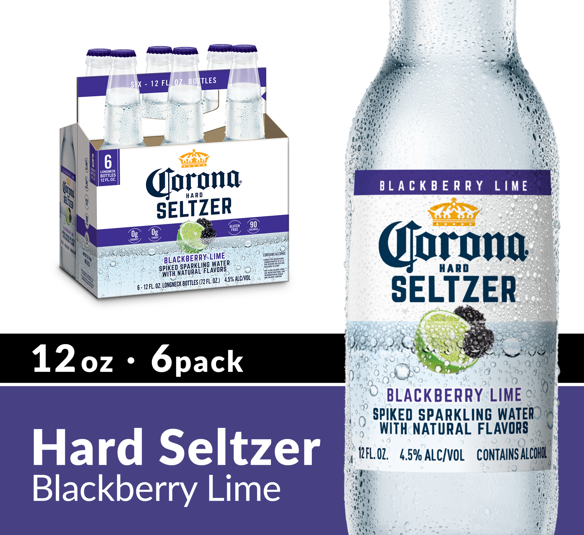 slide 6 of 6, Corona Hard Seltzer Blackberry Lime Gluten Free, 6 pk 12 fl oz Bottles, 4.5% ABV, 72 fl oz