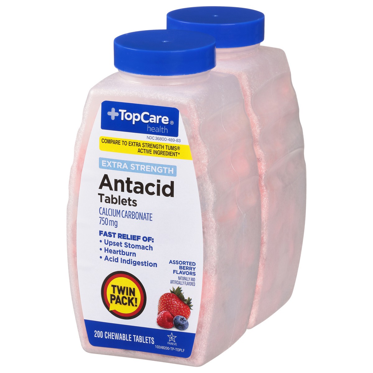 slide 7 of 15, TopCare Extra Strength Antacid Chewable Tablets 2Pk Assorted Berry Flavors, 200 ct