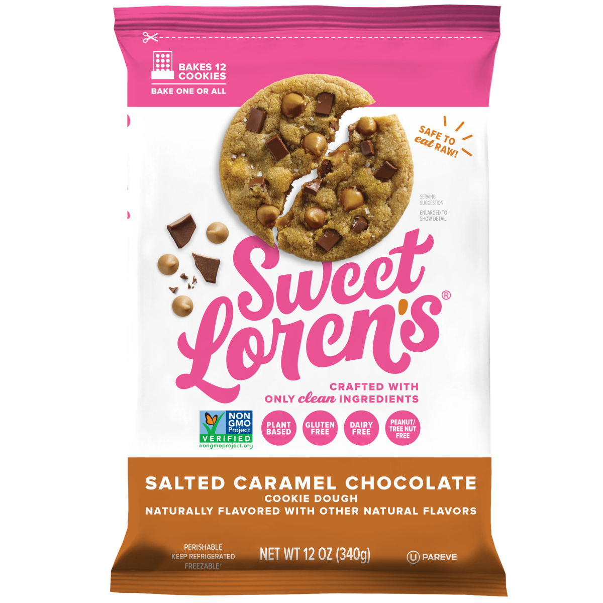 slide 1 of 5, Sweet Loren's Gluten Free & Vegan Salted Caramel Chocolate Cookie Dough, 12oz, 12 ct