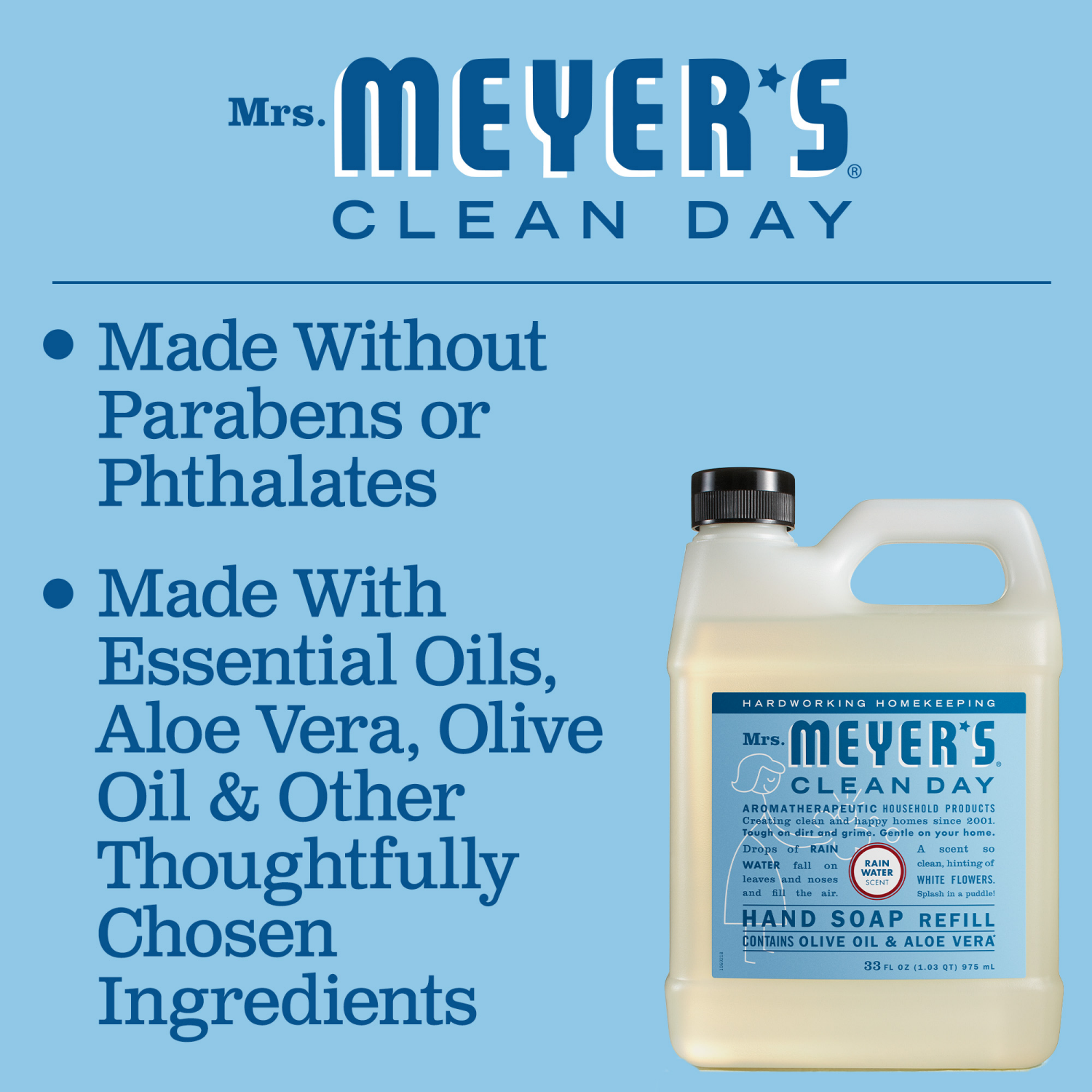 slide 4 of 4, Mrs. Meyer's Clean Day Liquid Hand Soap Refill, Rain Water Scent, 33 Ounce Bottle, 33 oz