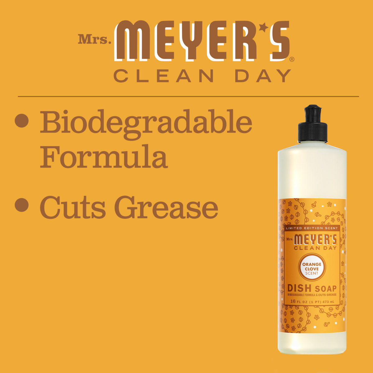 slide 2 of 4, Mrs. Meyer's Clean Day Liquid Dish Soap, Orange Clove Scent, 16 Ounce Bottle, 16 fl oz