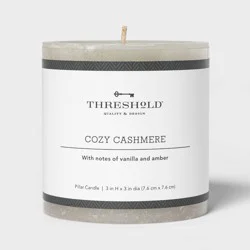 3" x 3" Pillar Cozy Cashmere Candle Gray - Threshold™: Scented, Smoke-less, 35h Burn Time