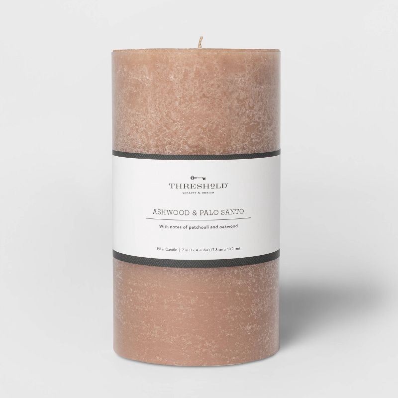 slide 1 of 2, 7" x 4" Pillar Ashwood and Palo Santo Candle Tan - Threshold™: Scented, Smokeless, 100hr Burn Time, Home Decor, 1 ct
