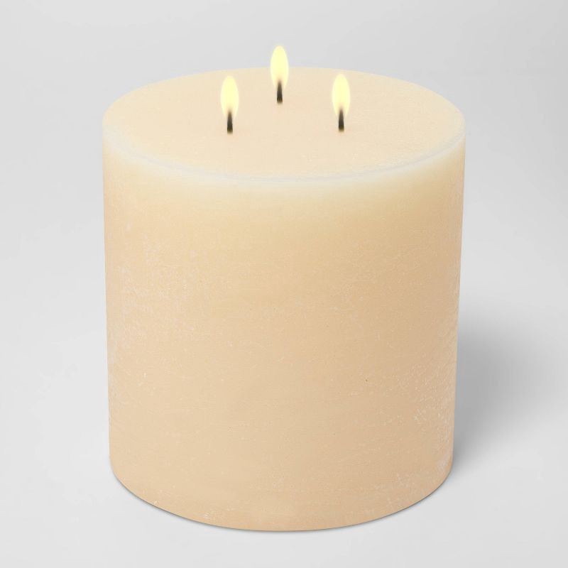 slide 2 of 2, 3-Wick 6"x6" Pillar Vanilla Bean and Amber Candle - Threshold™: 95-Hour Burn, Spring Scented, No Container, 1 ct