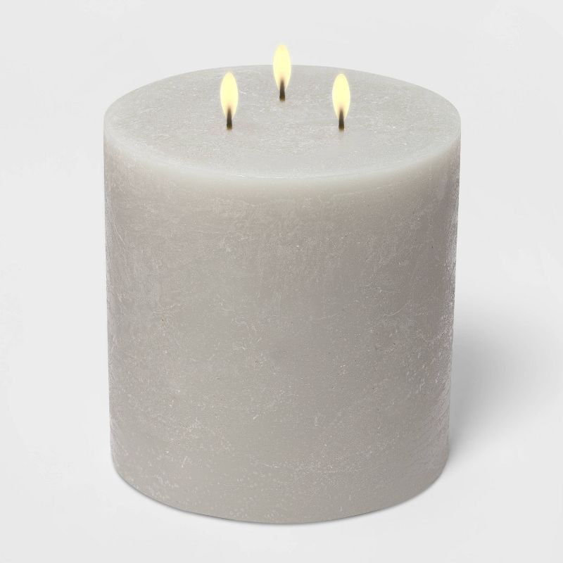 slide 2 of 2, 3-Wick 6"x6" Pillar Cozy Cashmere Candle Gray - Threshold™: Vanilla Amber Scent, 95hr Burn Time, 1 ct