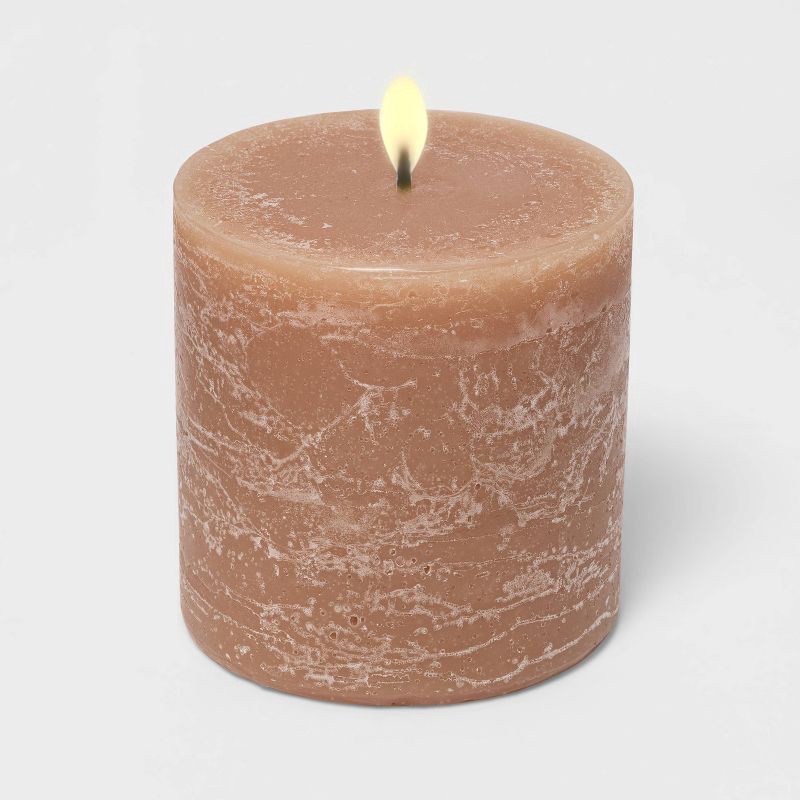 slide 2 of 2, 3" x 3" Pillar Ashwood and Palo Santo Candle Tan - Threshold™: Spring Scented, 35-Hour Burn, Single Wick, 1 ct