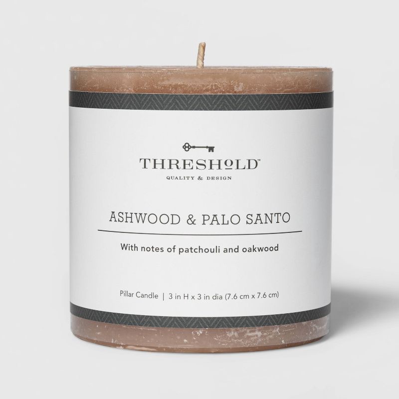 slide 1 of 2, 3" x 3" Pillar Ashwood and Palo Santo Candle Tan - Threshold™: Spring Scented, 35-Hour Burn, Single Wick, 1 ct