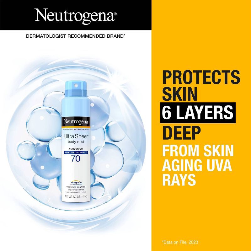 slide 3 of 9, Neutrogena Ultra Sheer Sunscreen Spray, SPF 70, 5oz, 5 oz