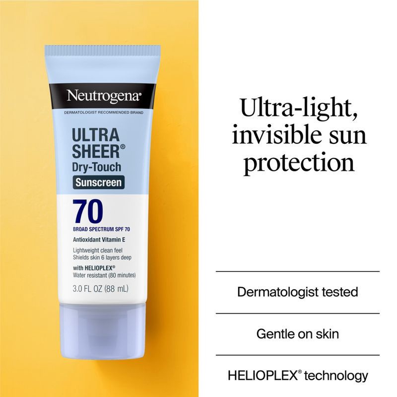 slide 4 of 16, Neutrogena Ultra Sheer Dry Touch Sunscreen Lotion, SPF 70 - 3 fl oz, 70 x 3 fl oz