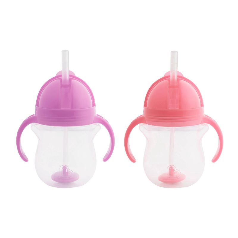slide 1 of 5, Munchkin Any Angle Click Lock Weighted 2pk Straw Trainer Cup - 7oz - Pink/Purple, 2 ct; 7 oz