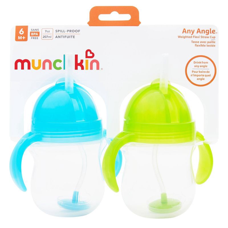 slide 6 of 6, Munchkin Any Angle Click Lock Weighted 2pk Straw Trainer Cup - 7oz - Blue/Green, 2 ct; 7 oz