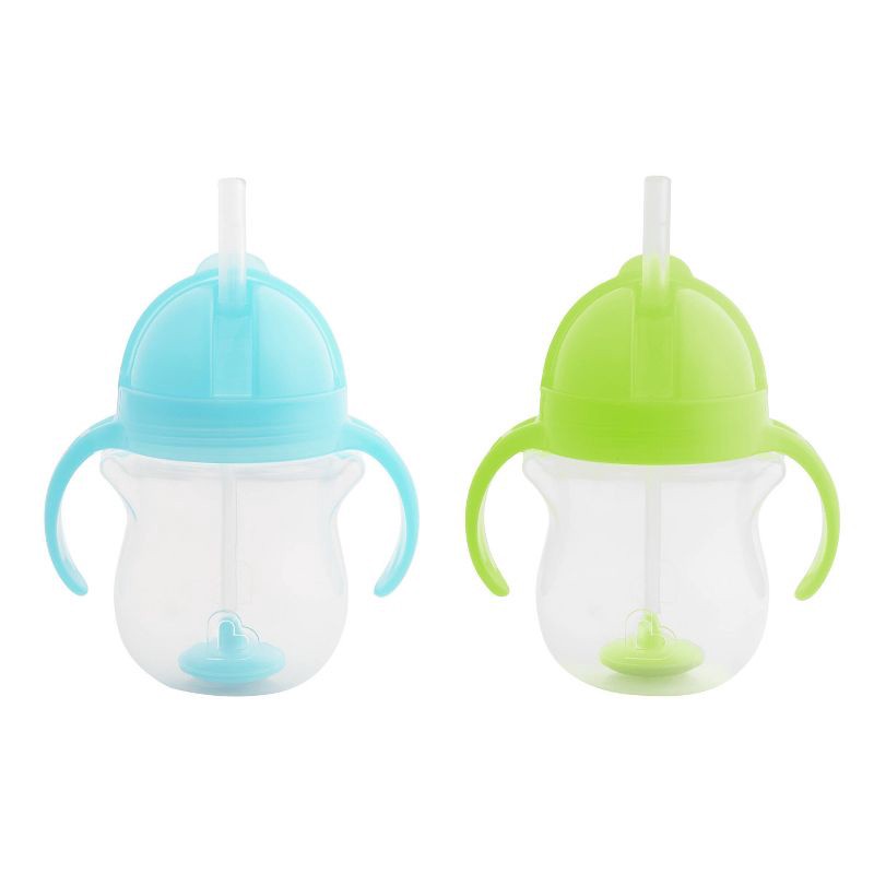 slide 1 of 6, Munchkin Any Angle Click Lock Weighted 2pk Straw Trainer Cup - 7oz - Blue/Green, 2 ct; 7 oz