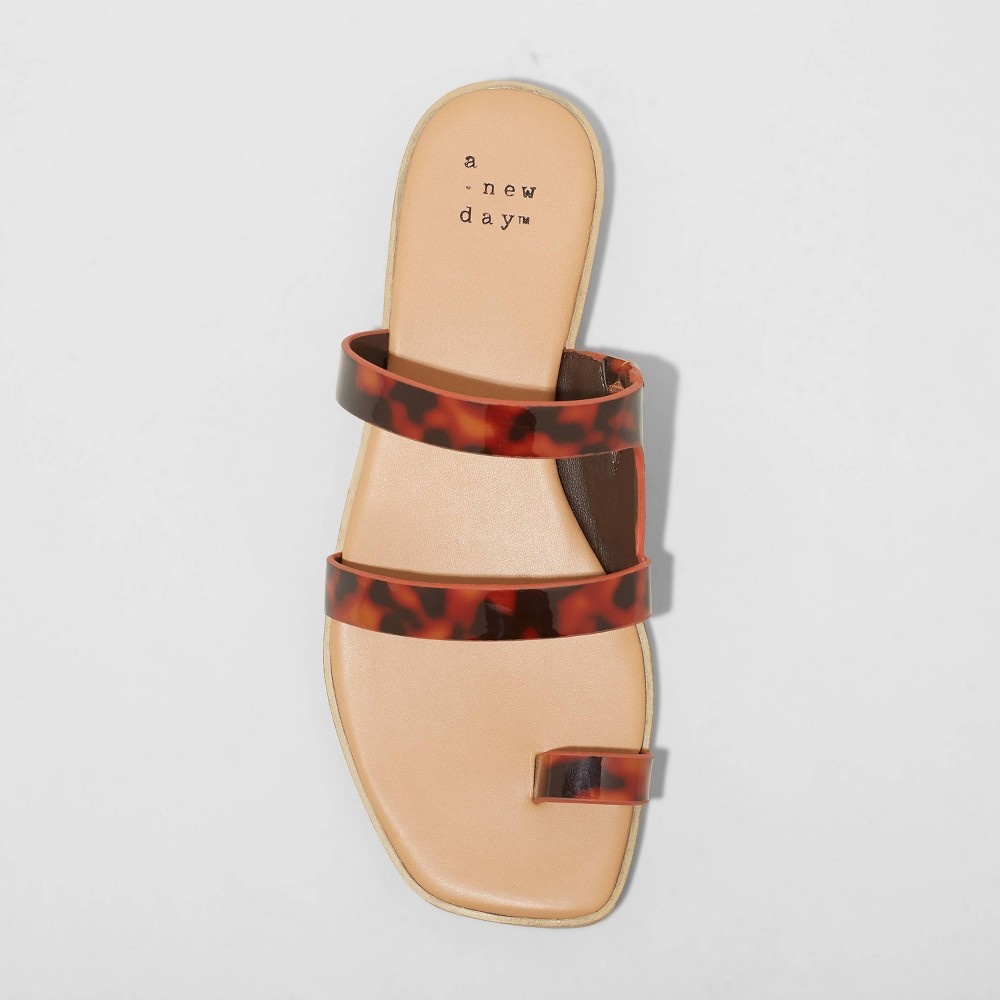 slide 3 of 4, Women's Marilyn Tortoise Print Toe Loop Slide Sandals - A New Day Tortoise 10, 1 ct