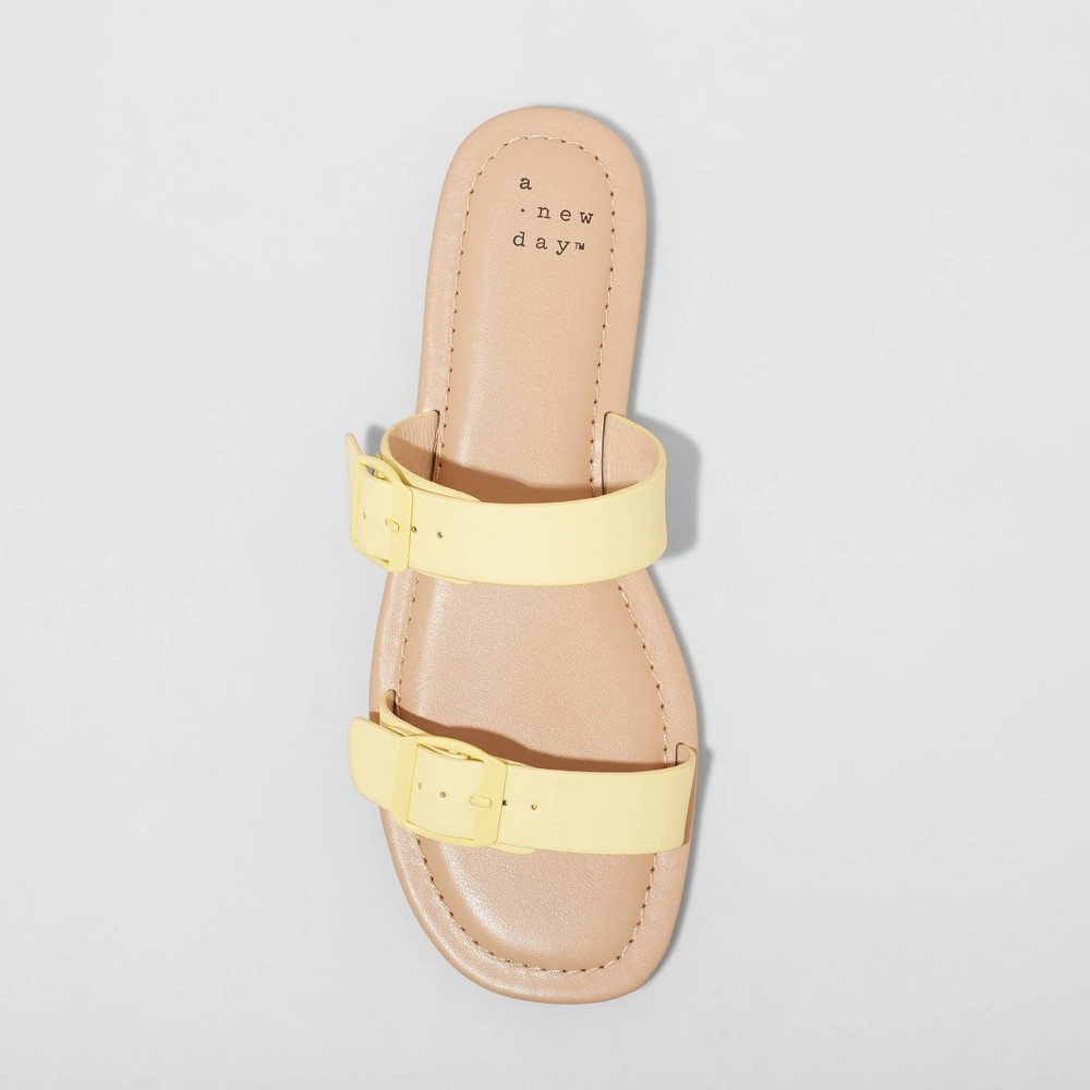 slide 3 of 3, Women's Penny Two Band Buckle Sandals - A New Day Yellow 9.5, 1 ct