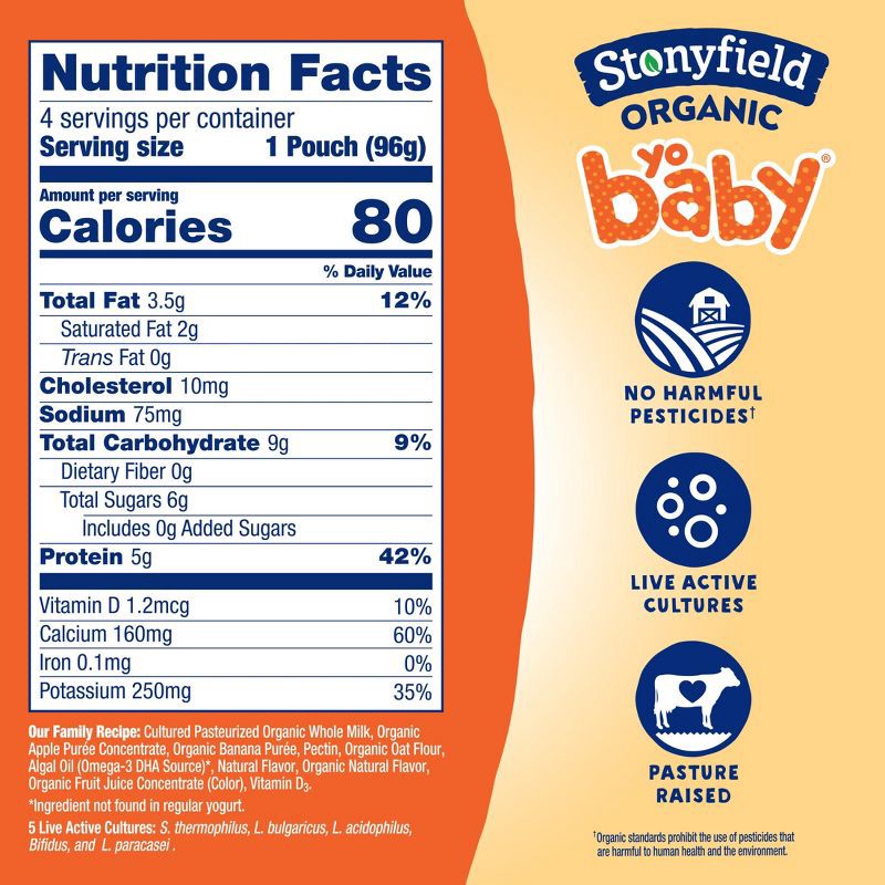 slide 7 of 12, Stonyfield Organic YoBaby Banana & Oat Whole Milk Yogurt - 4ct/3.4oz Pouches, 4 ct; 3.4 oz