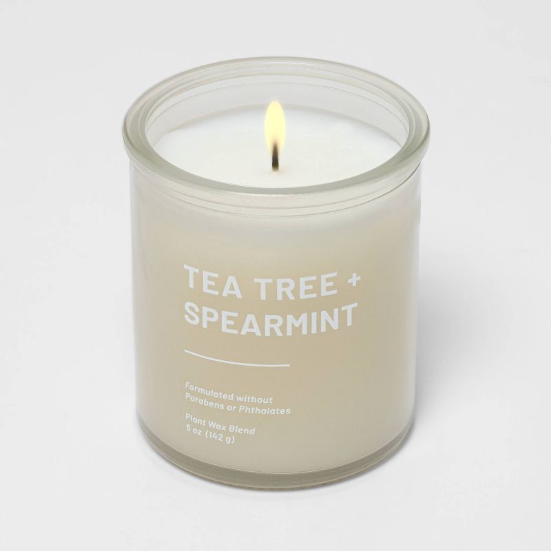 slide 2 of 2, Tinted Glass Tea Tree + Spearmint Jar Candle Light Beige 5oz - Threshold™: Palm Wax, Machine-Poured, 25hr Burn Time, 5 oz