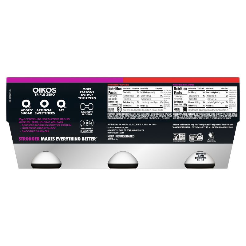 slide 12 of 13, Oikos Triple Zero Variety Pack Greek Yogurt - 15g Protein 6ct/5.3oz Cups, 15 gram, 6 ct, 5.3 oz