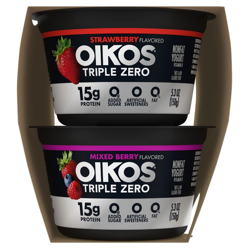 slide 11 of 13, Oikos Triple Zero Variety Pack Greek Yogurt - 15g Protein 6ct/5.3oz Cups, 15 gram, 6 ct, 5.3 oz