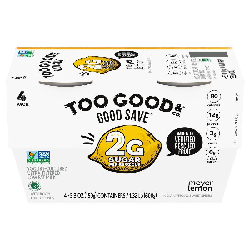 slide 1 of 10, TWO GOOD Too Good Good Save Low Fat Lower Sugar Meyer Lemon Greek Yogurt - 4ct/5.3oz Cups, 4 ct; 5.3 oz