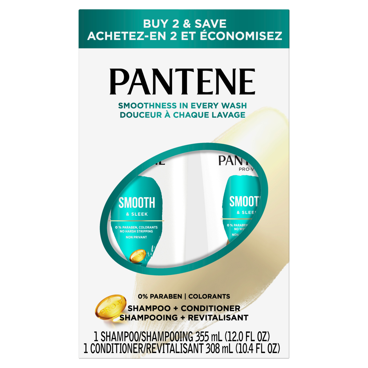 slide 5 of 29, PANTENE PRO-V Smooth & Sleek Shampoo + Conditioner, Dual Pack, Shampoo 12oz/Conditioner 10.4oz, 1 ct