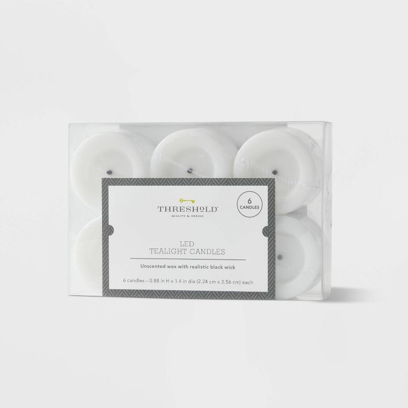 slide 1 of 3, 6pk LED Tealight Flameless Black Wick Candles White - Threshold™: Battery-Operated, Wax & Plastic, 6 ct