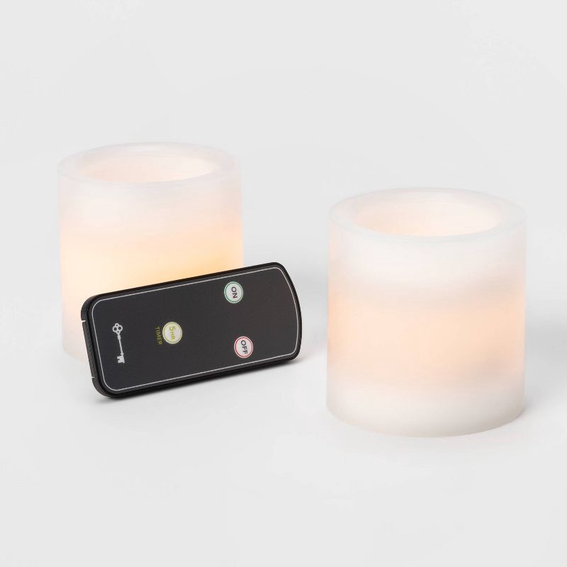 slide 3 of 3, 2pk 3" x 3" LED Flameless Black Wick Candles White - Threshold™: Wax Pillar, Battery Operated, Decorative, 2 ct