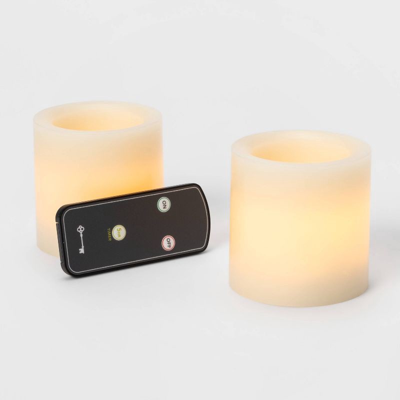 slide 3 of 3, 2pk 3" x 3" LED Flameless Black Wick Candle Cream - Threshold™: Wax Pillar, Battery Operated, Decorative, 2 ct