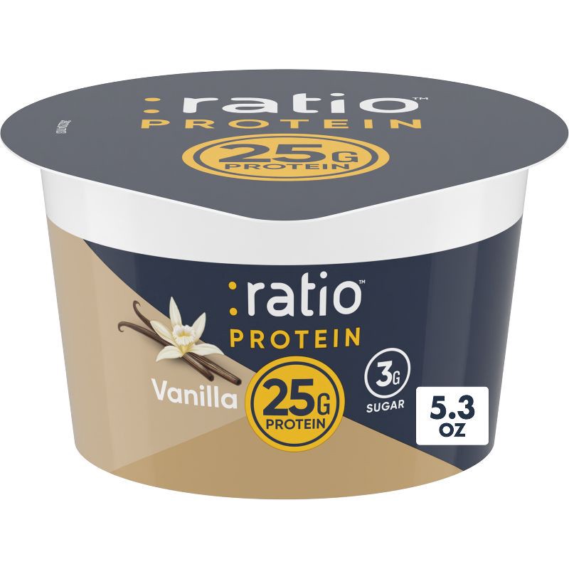 slide 1 of 8, :ratio : ratio PROTEIN Vanilla Greek Yogurt Cultured Dairy Snack Cup - 25g Protein 5.3oz, Gluten-Free, Low Sodium, 25 gram, 5.3 oz