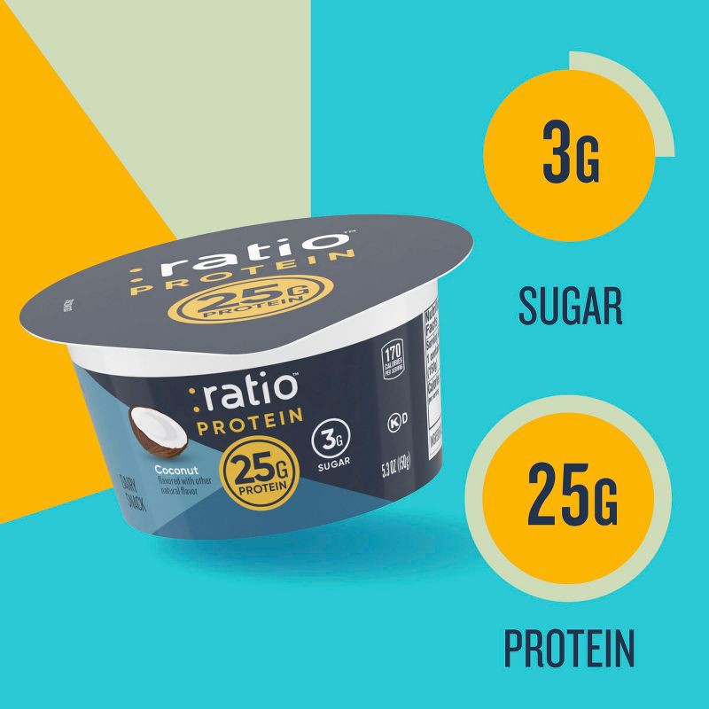 slide 3 of 8, :ratio PROTEIN Coconut Greek Yogurt Cultured Dairy Snack Cup - 25g Protein 5.3oz, 25 gram, 5.3 oz