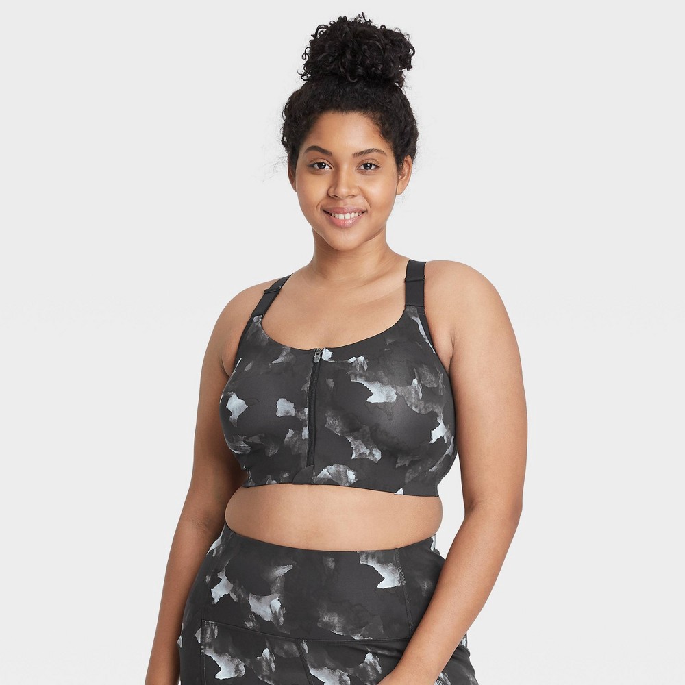 Women's High Support Camo Print Zip-Front Bra - All in Motion Black 34D 1  ct