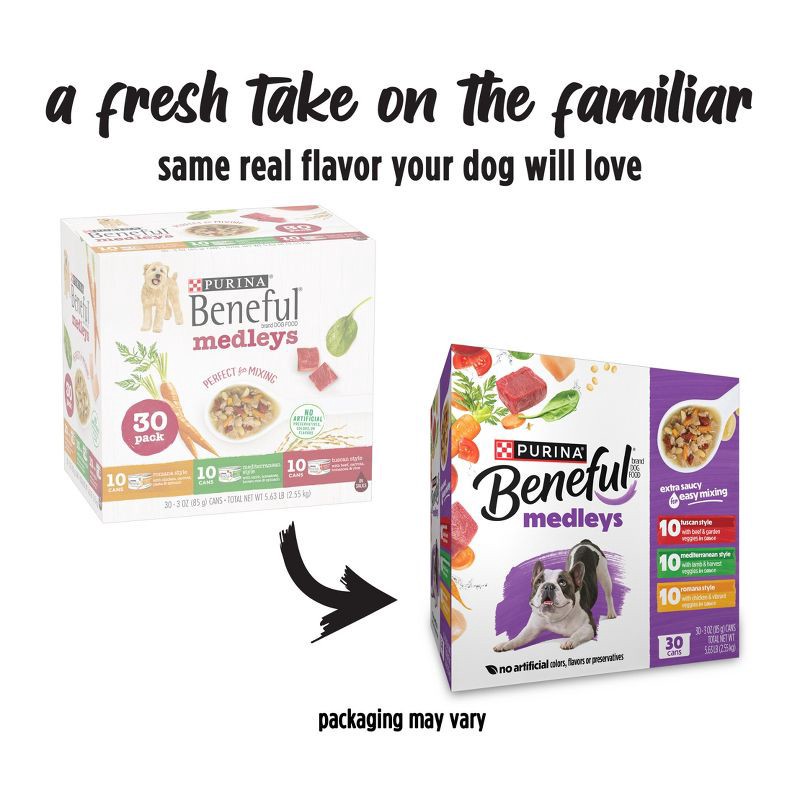 slide 3 of 14, Purina Beneful Medleys Romana, Mediterranean & Tuscan Style with Chicken, Lamb and Beef Flavors Wet Dog Food - 3oz/30ct Variety Pack, 3 oz, 30 ct